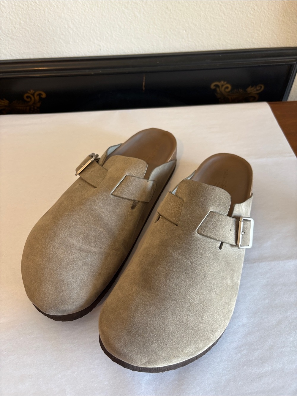 Taupe  Slip-On flat clog mules with buckle detail - gently used.